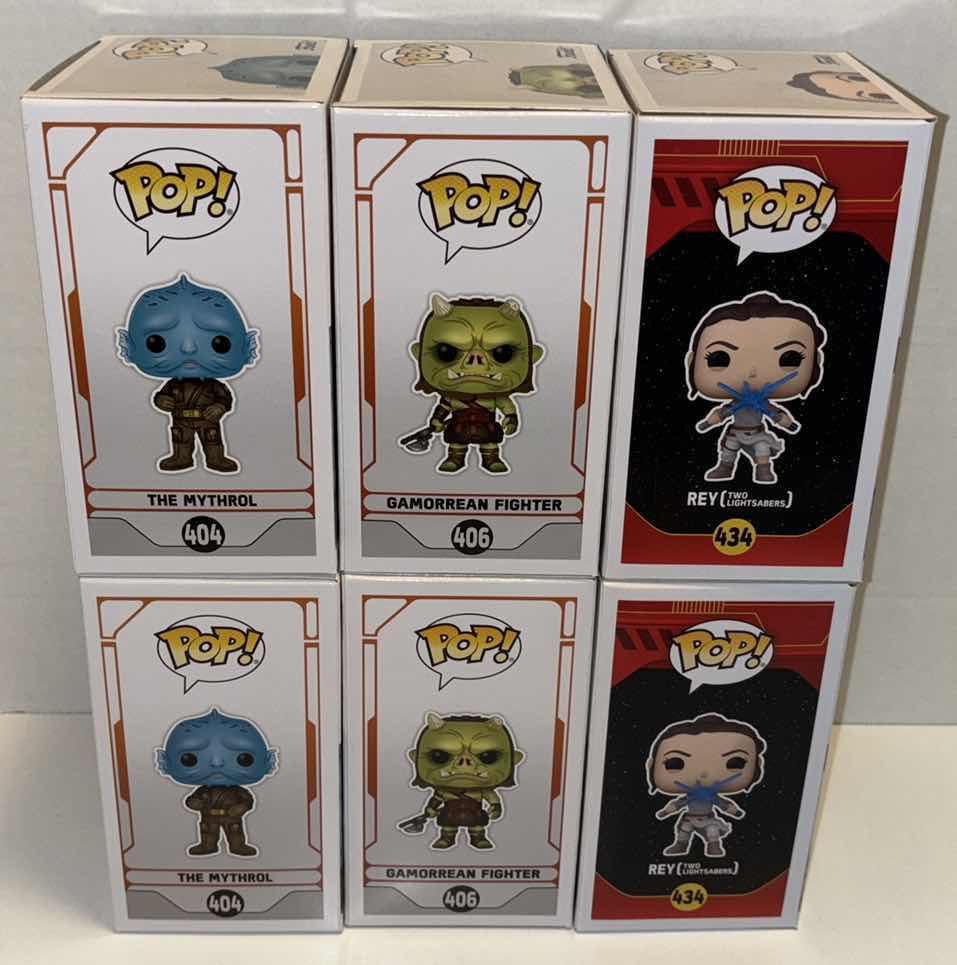 Photo 1 of NEW FUNKO POP! STAR WARS BOBBLE-HEAD VINYL FIGURE 6-PACK MIXED BUNDLE, #404 THE MYTHROL (2), #406 GAMORREAN FIGHTER (2), #434 REY TWO LIGHTSABERS (2)