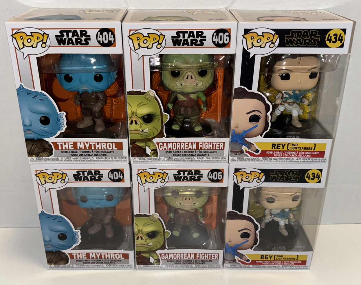 Photo 1 of NEW FUNKO POP! STAR WARS BOBBLE-HEAD VINYL FIGURE 6-PACK MIXED BUNDLE, #404 THE MYTHROL (2), #406 GAMORREAN FIGHTER (2), #434 REY TWO LIGHTSABERS (2)
