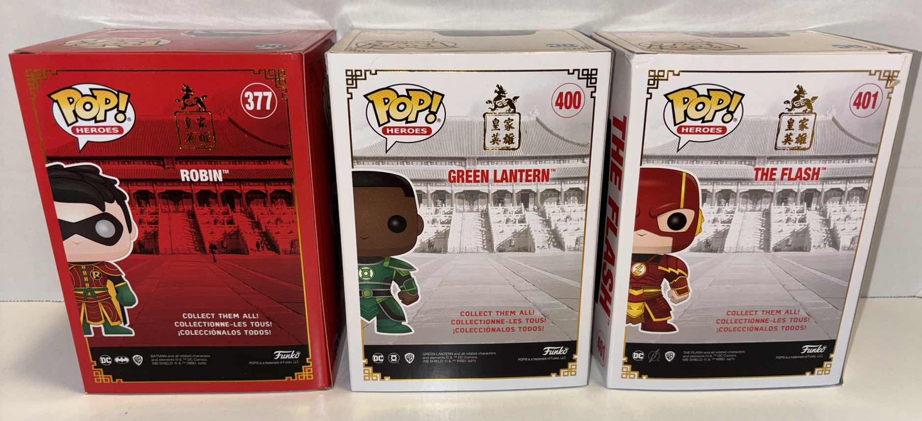 Photo 1 of NEW FUNKO POP! HEROES DC IMPERIAL PALACE VINYL FIGURE 3-PACK, #377 ROBIN, #400 GREEN LANTERN & #401 THE FLASH