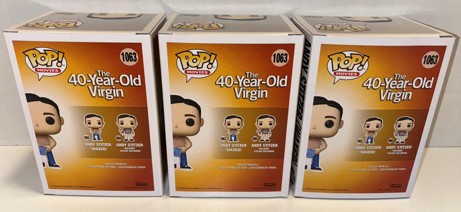 Photo 1 of NEW FUNKO POP! MOVIES 3-PACK VINYL FIGURES, THE 40-YEAR-OLD VIRGIN #1063 ANDY STITZER (WAXED)