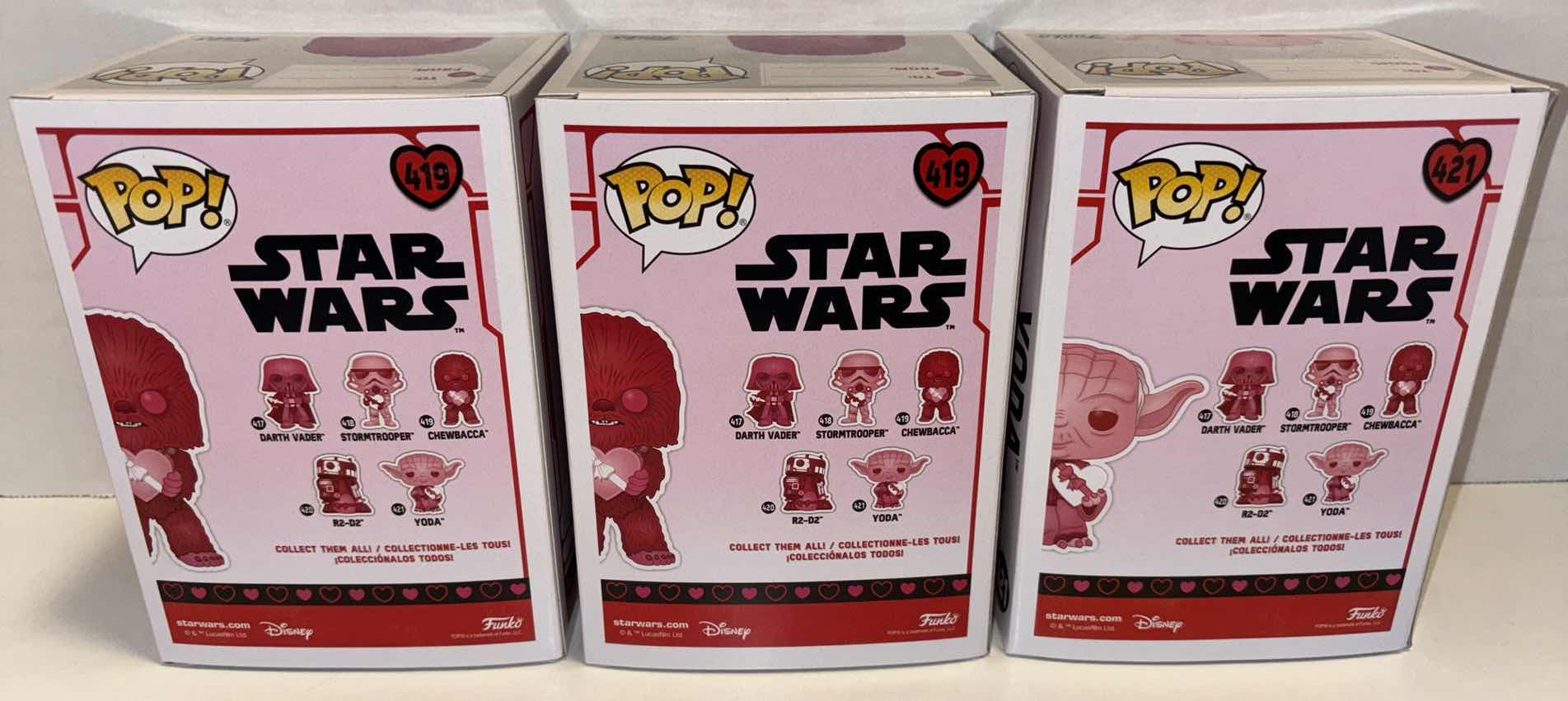 Photo 1 of NEW FUNKO POP! STAR WARS BOBBLE-HEAD FIGURE 3-PACK, #419 VALENTINES CHEWBACCA (2) & #421 VALENTINES YODA (1)
