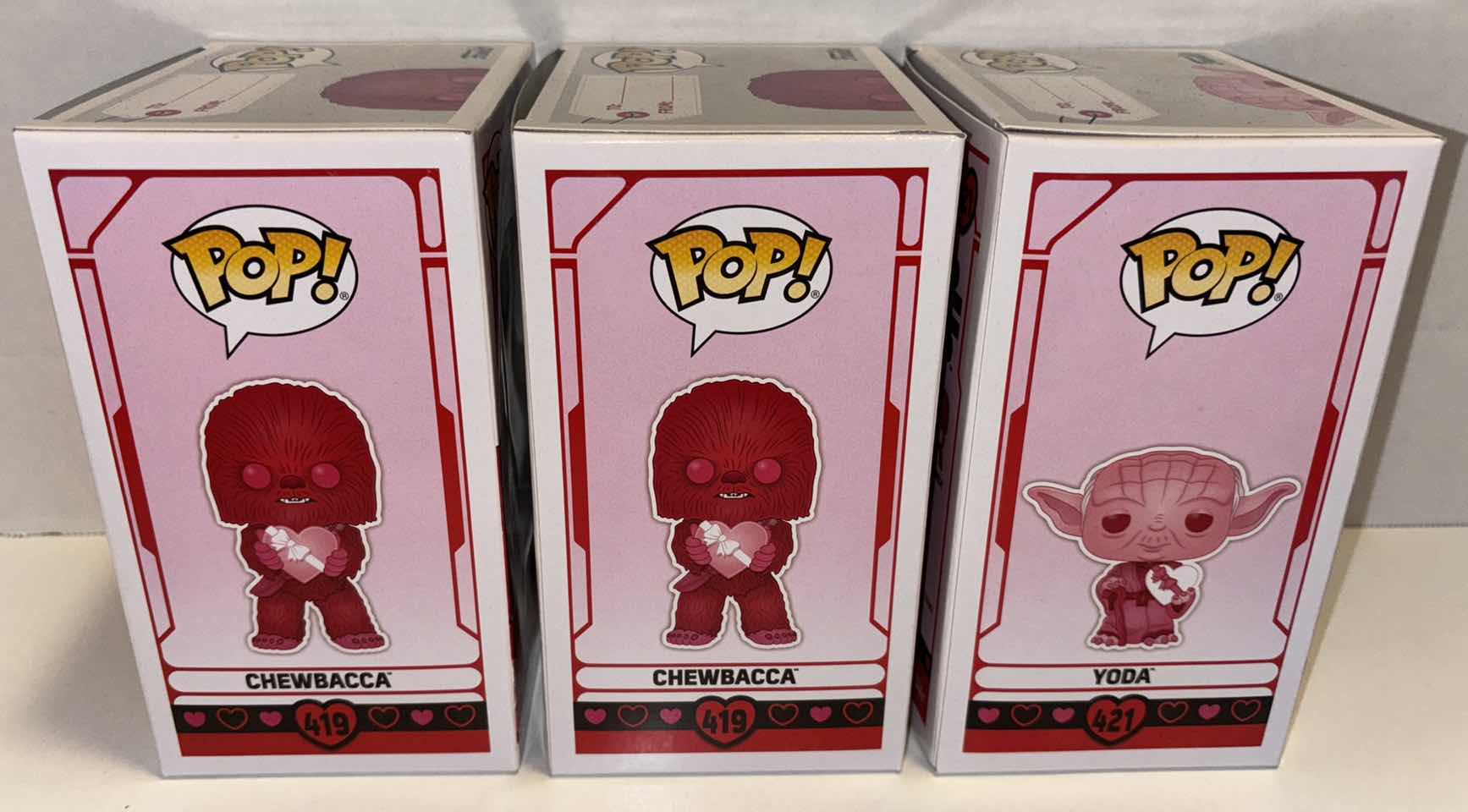 Photo 1 of NEW FUNKO POP! STAR WARS BOBBLE-HEAD FIGURE 3-PACK, #419 VALENTINES CHEWBACCA (2) & #421 VALENTINES YODA (1)