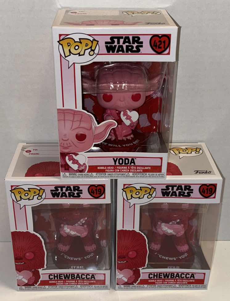 Photo 1 of NEW FUNKO POP! STAR WARS BOBBLE-HEAD FIGURE 3-PACK, #419 VALENTINES CHEWBACCA (2) & #421 VALENTINES YODA (1)