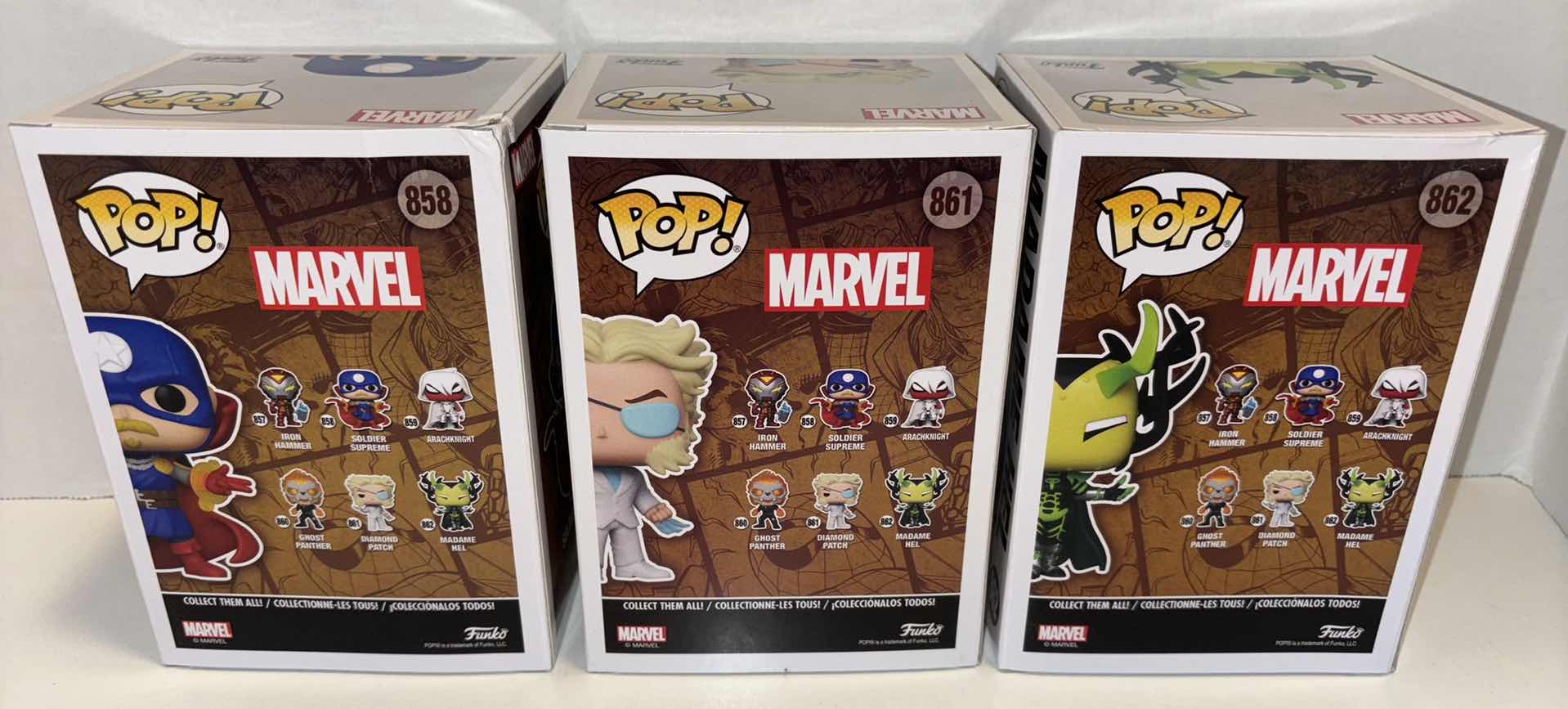 Photo 1 of NEW FUNKO POP! INFINITY WARPS BOBBLE-HEAD FIGURE 3-PACK, #858 SOLDIER SUPREME, #861 DIAMOND PATCH & #862 MADAME HEL