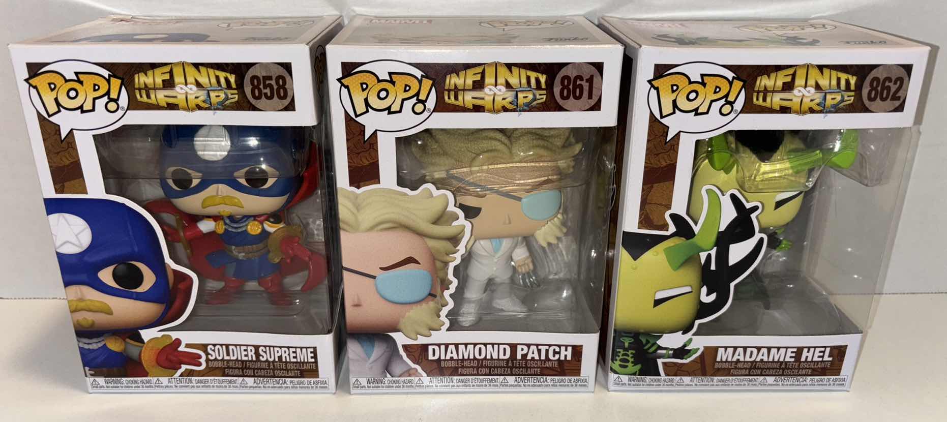 Photo 1 of NEW FUNKO POP! INFINITY WARPS BOBBLE-HEAD FIGURE 3-PACK, #858 SOLDIER SUPREME, #861 DIAMOND PATCH & #862 MADAME HEL