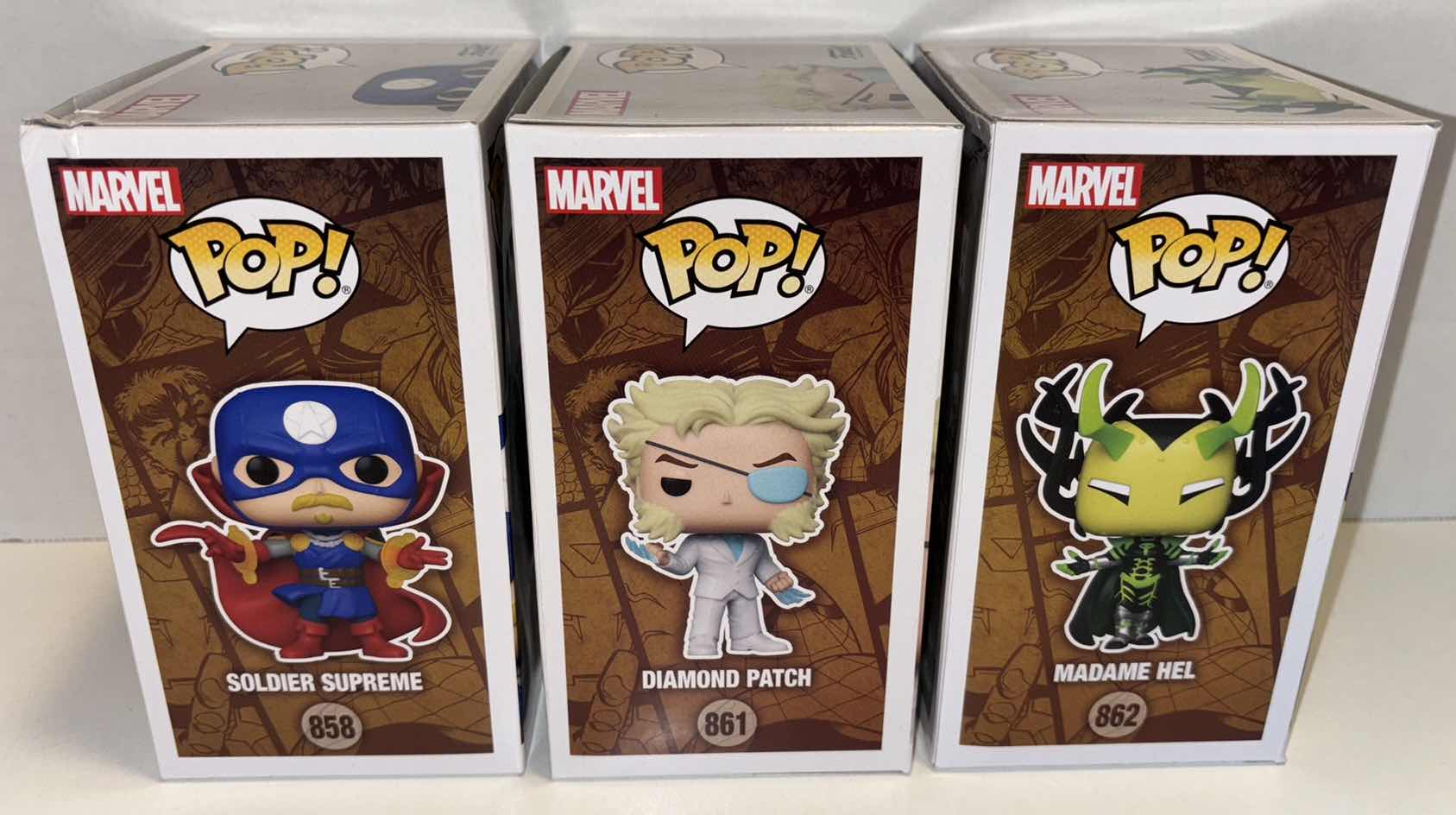 Photo 1 of NEW FUNKO POP! INFINITY WARPS BOBBLE-HEAD FIGURE 3-PACK, #858 SOLDIER SUPREME, #861 DIAMOND PATCH & #862 MADAME HEL