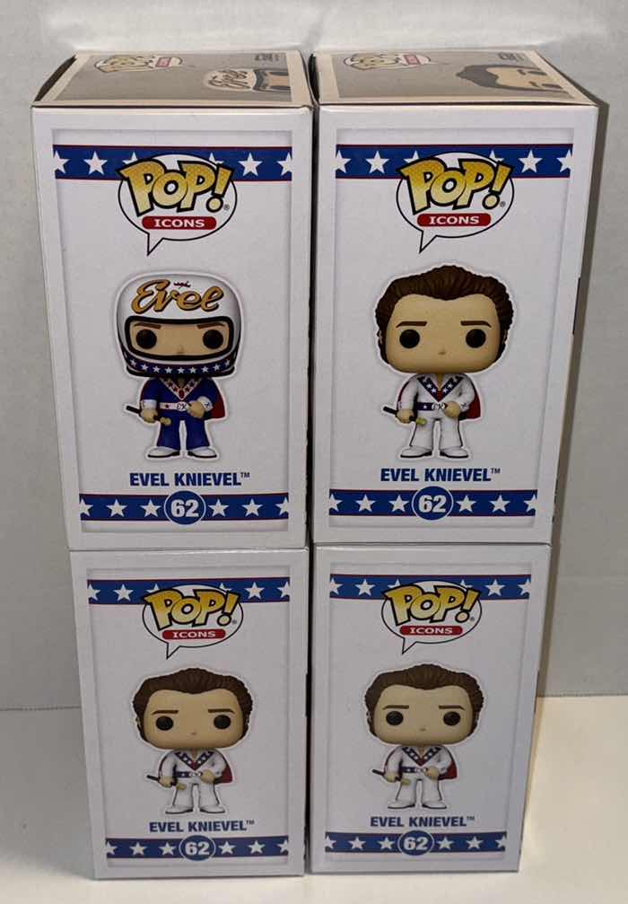 Photo 1 of NEW FUNKO POP! ICONS EVEL 4-PACK VINYL FIGURE, #62 EVEL KNIEVEL CHASE LIMITED EDITION WITH HELMET(1), #62 EVEL KNIEVEL NO HELMET (3)