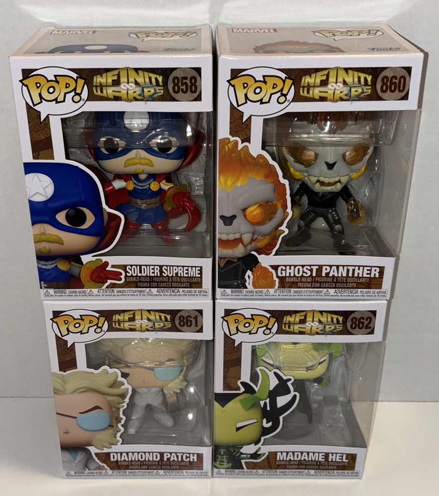 Photo 1 of NEW FUNKO POP! INFINITY WARPS  4-PACK BOBBLE-HEAD FIGURE, #858, #860, #861 & #862