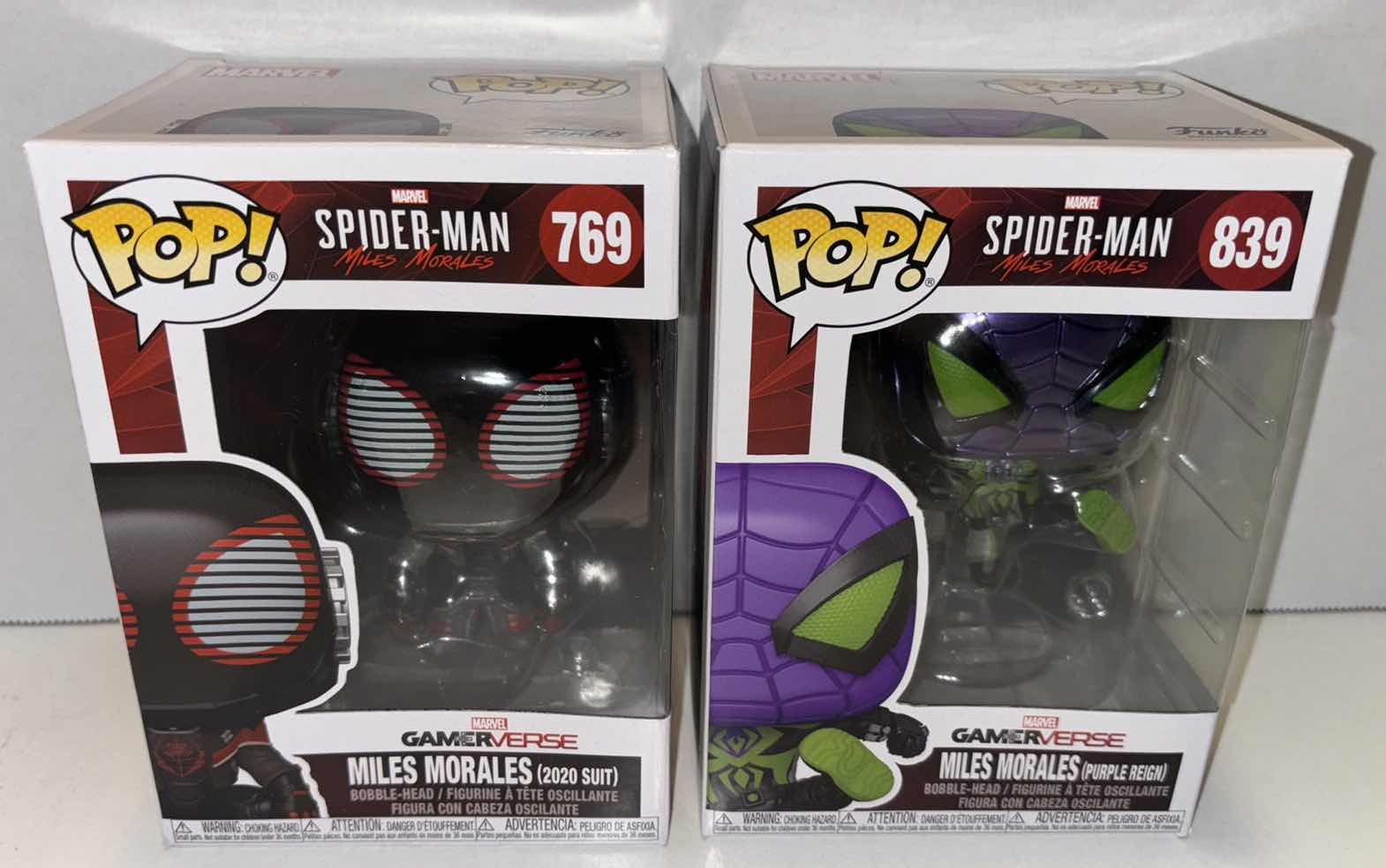 Photo 1 of NEW FUNKO POP! MARVEL SPIDER-MAN MILES MORALES 2-PACK BOBBLE-HEAD VINYL FIGURE, #769 MILES MORALES (2020 SUIT) & #839 MILES MORALES (PURPLE REIGN)