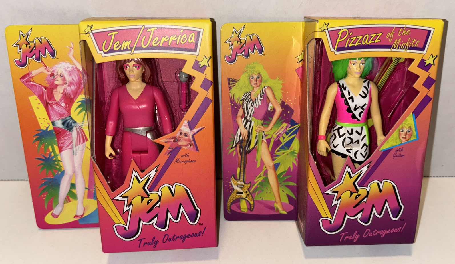 Photo 1 of NEW 2-PACK HASBRO REACTION FIGURES JEM 4” MINI FIGURE & ACCESSORIES, “JEM/JERRICA” & “PIZZAZZ OF THE MISFITS”