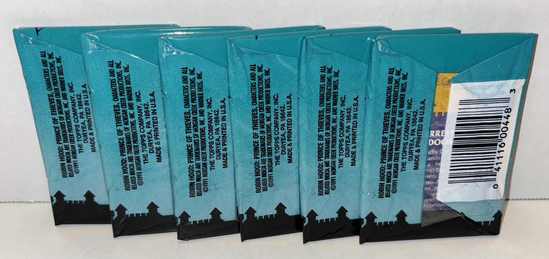 Photo 1 of NEW 6-PACK VINTAGE TOPPS 1991 COLLECTIBLE TRADING CARDS, 8 CT GLOSSY MOVIE CARDS W STICKER, “ROBIN HOOD: PRINCE OF THIEVES”