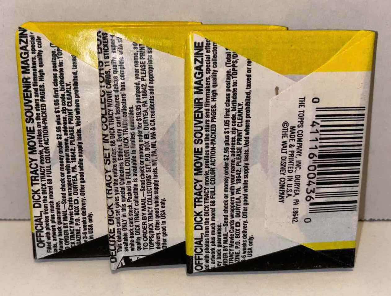 Photo 1 of NEW 3-PACK VINTAGE TOPPS 1990 COLLECTIBLE TRADING CARDS, 8 CT GLOSSY MOVIE CARDS W STICKER, “OFFICIAL DICK TRACY MOVIE SOUVENIR MAGAZINE”