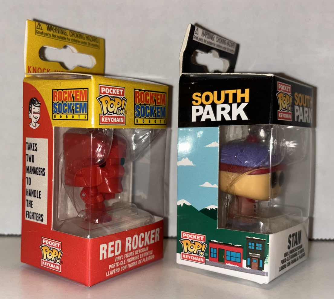 Photo 1 of NEW FUNKO POP! POCKET KEYCHAIN 2-PACK, ROCK EM SOCK EM “RED ROCKER” & SOUTH PARK “STAN”