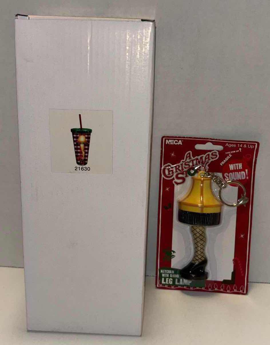 Photo 1 of NEW SPOONTIQUES 20 OZ INSULATED CUP WITH STRAW & NECA A CHRISTMAS STORY LEG LAMP TALKING KEYCHAIN