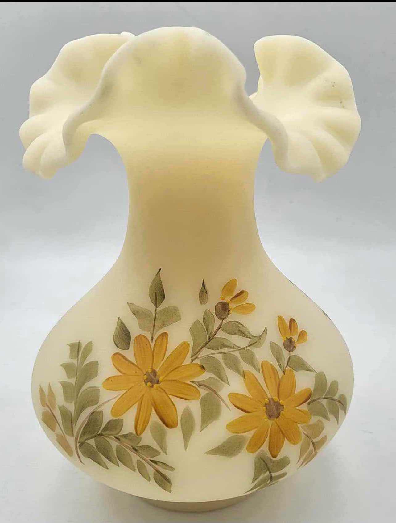Photo 1 of FENTON CUSTARD RUFFLED VASE HANDPAINTED FLORAL SIGNED H-7"