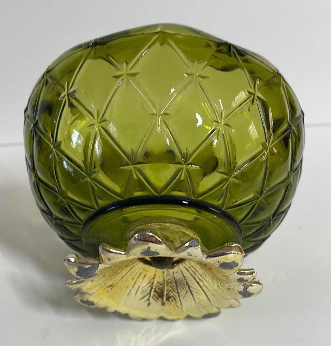 Photo 1 of VINTAGE INDIANA GLASS 3.75” GREEN QUILTED DIAMOND CANDY BOWL METAL LEAF BASE