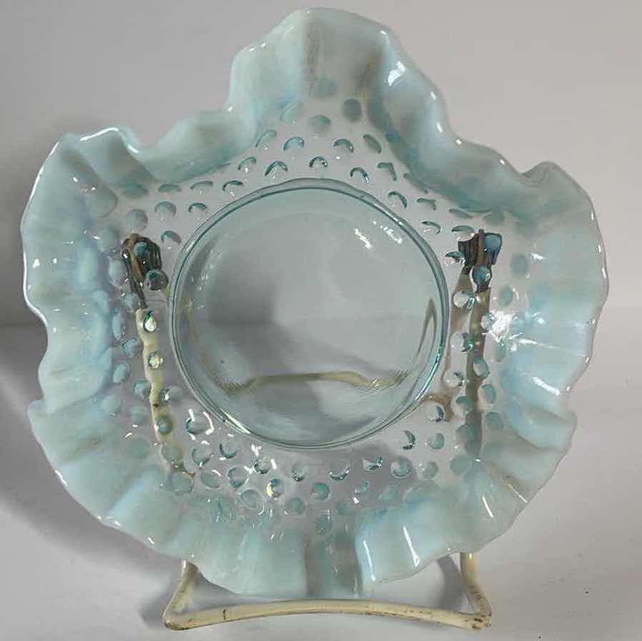 Photo 1 of VINTAGE FENTON AQUA BLUE OPALESCENT HOBNAIL RUFFLED DISH & 
SILVER CREST MELON VANITY PERFUME BOTTLE H- 5.5”