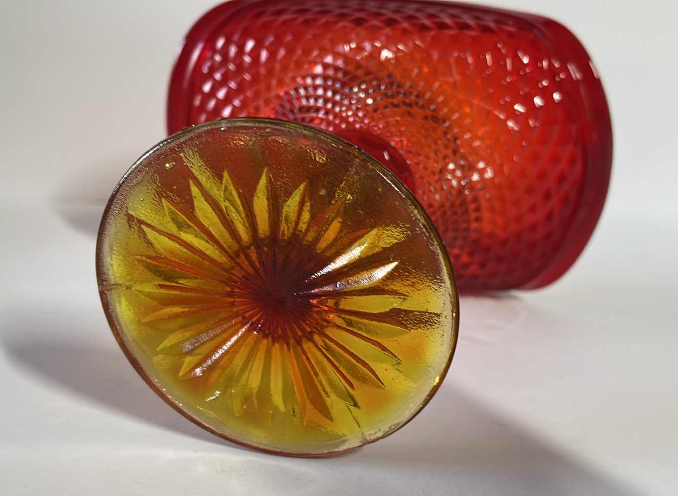 Photo 1 of VINTAGE JEANNETTE GLASS AMBERINA DIAMOND POINT FLARED COMPOTE H- 6.4”