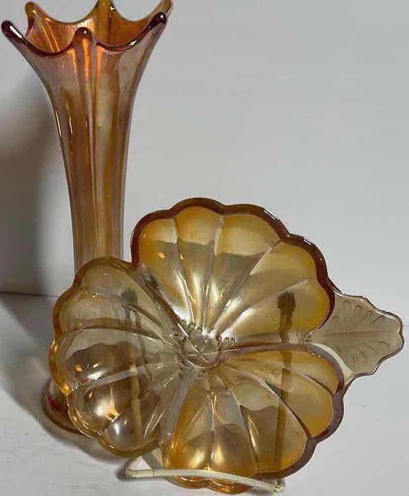 Photo 1 of VINTAGE MARIGOLD CARNIVAL GLASS CANDY DISHES AND VASE