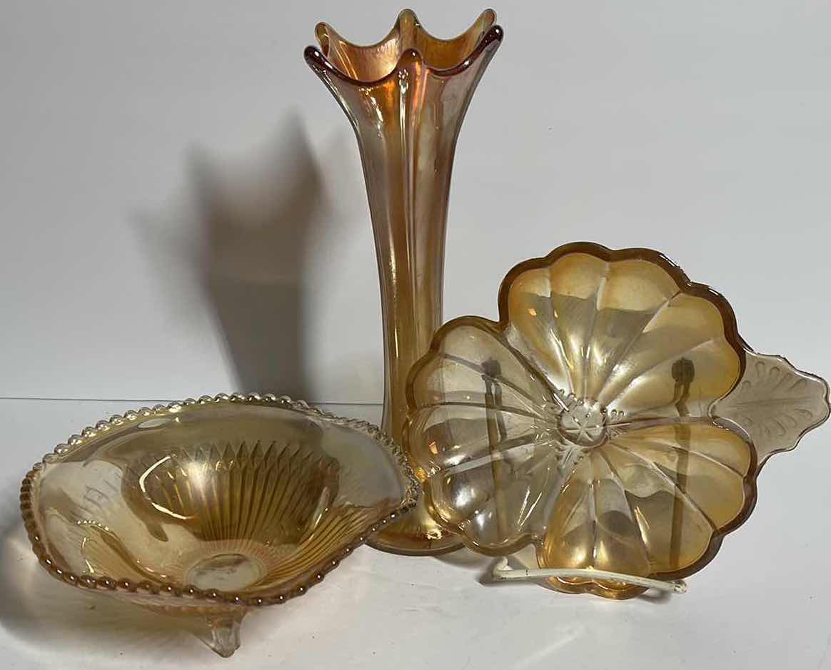 Photo 1 of VINTAGE MARIGOLD CARNIVAL GLASS CANDY DISHES AND VASE