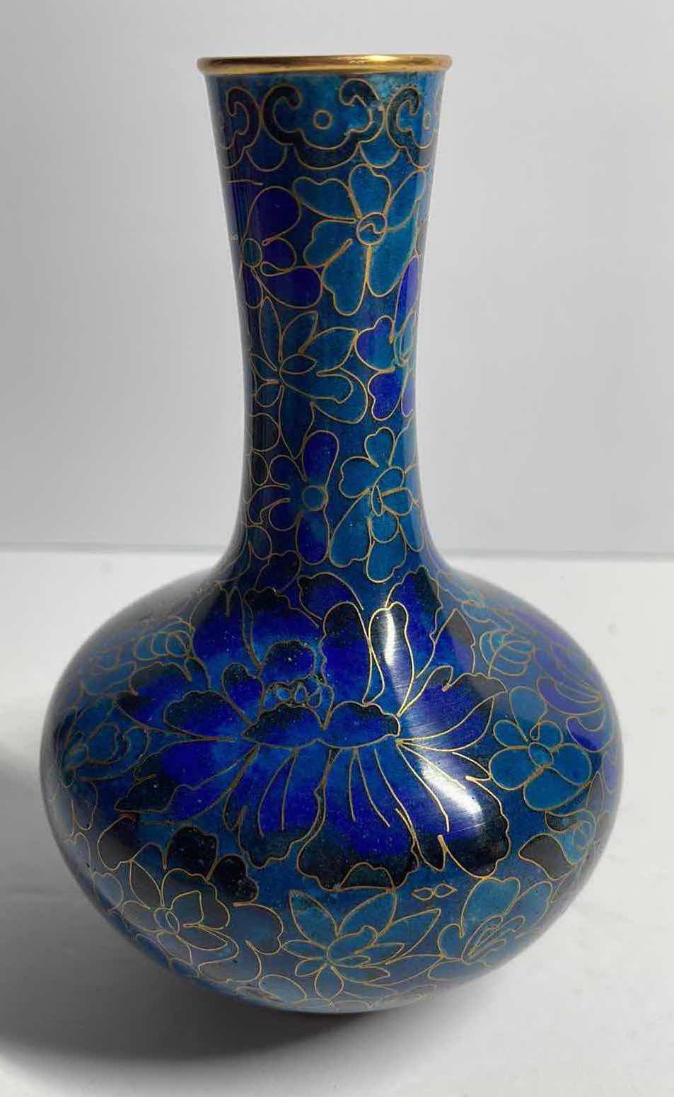 Photo 1 of ANTIQUE CLOISONNÉ BLUE ENAMEL AND BRASS VASE 6”H