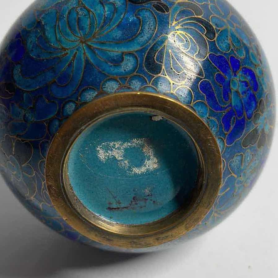 Photo 1 of ANTIQUE CLOISONNÉ BLUE ENAMEL AND BRASS VASE 6”H
