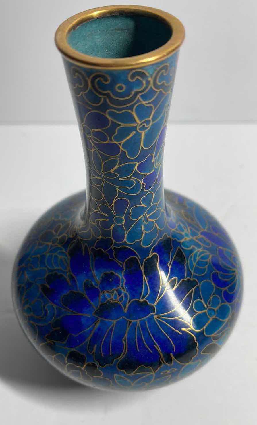 Photo 1 of ANTIQUE CLOISONNÉ BLUE ENAMEL AND BRASS VASE 6”H