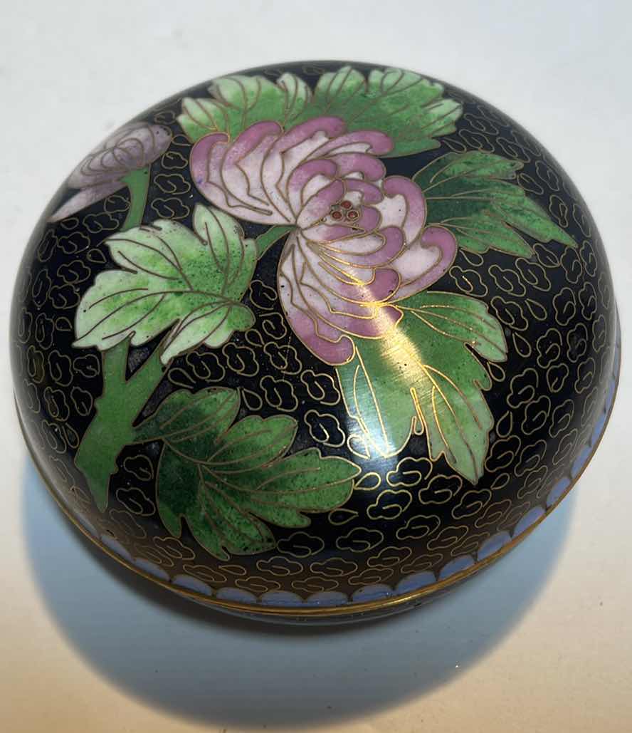 Photo 1 of CHINESE CLOISONNE BLACK ENAMEL FLORAL JAR BOWL BOX