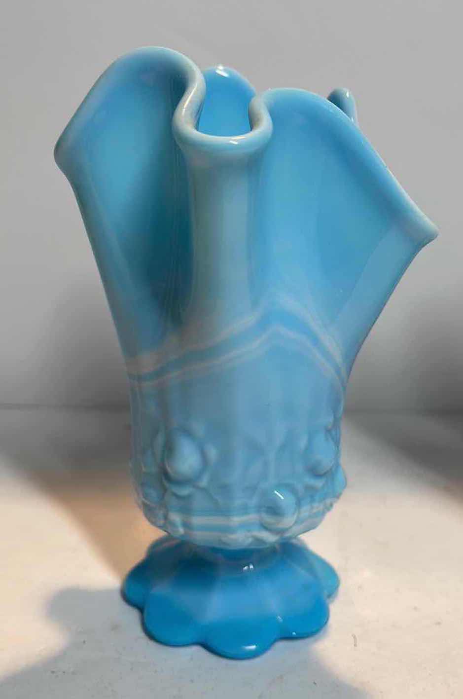 Photo 1 of VINTAGE FENTON BLUE SLAG GLASS HANDKERCHIEF VASES & MORE