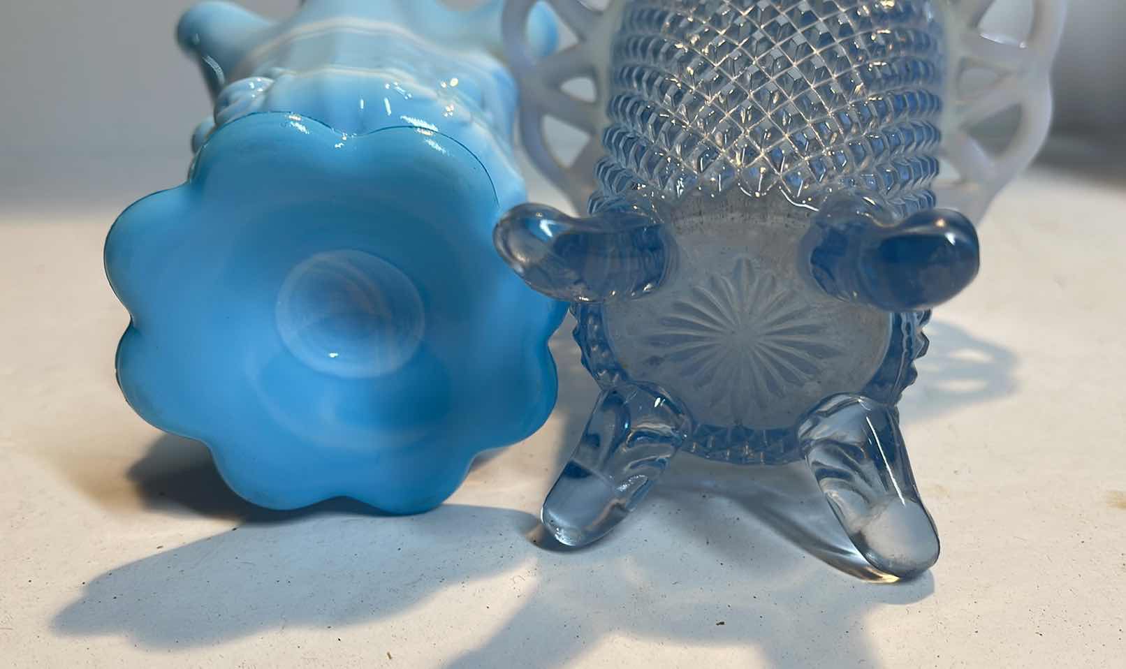 Photo 1 of VINTAGE FENTON BLUE SLAG GLASS HANDKERCHIEF VASES & MORE