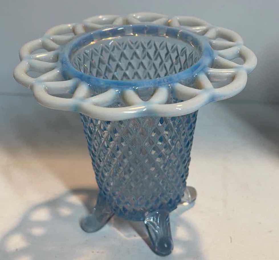 Photo 1 of VINTAGE FENTON BLUE SLAG GLASS HANDKERCHIEF VASES & MORE