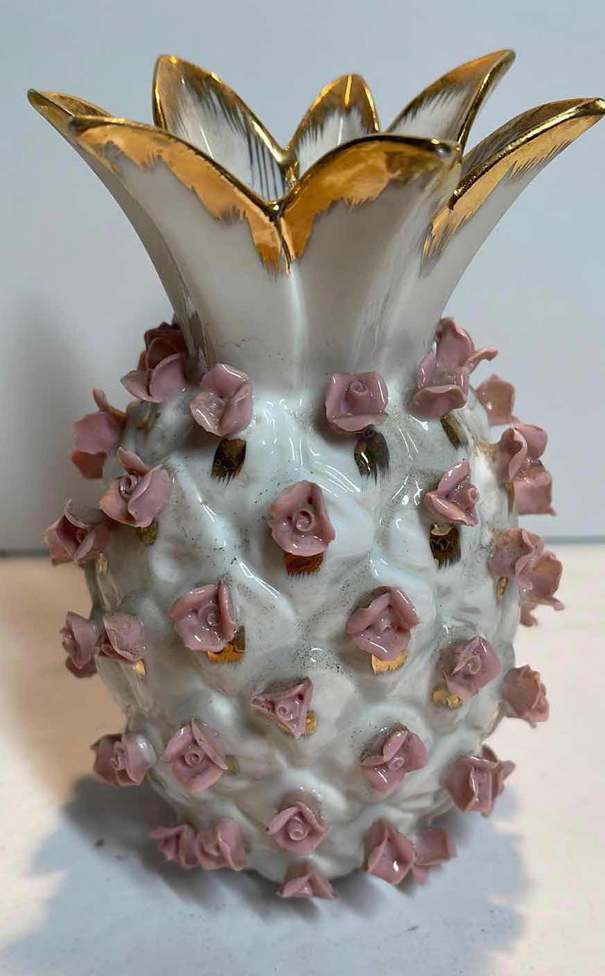 Photo 1 of LEFTON MID CENTURY 1950’s PINEAPPLE FLOWER VASE WITH BLUSH PINK ROSES