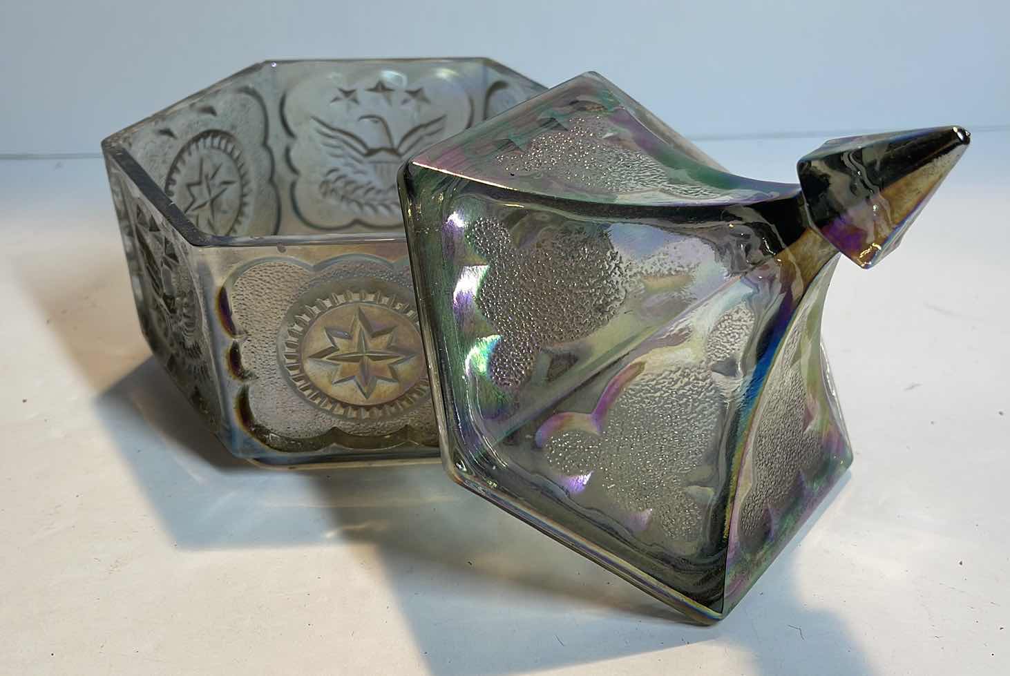 Photo 1 of VINTAGE CARNIVAL GLASS CANDY DISH WITH LID