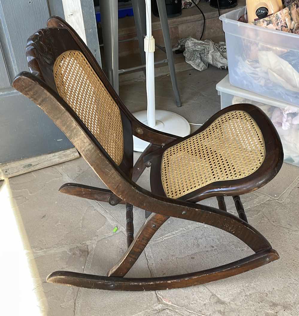 Photo 1 of VINTAGE SOLID WOOD FOLDING ROCKING CHAIR WITH CAIN BACK & SEAT