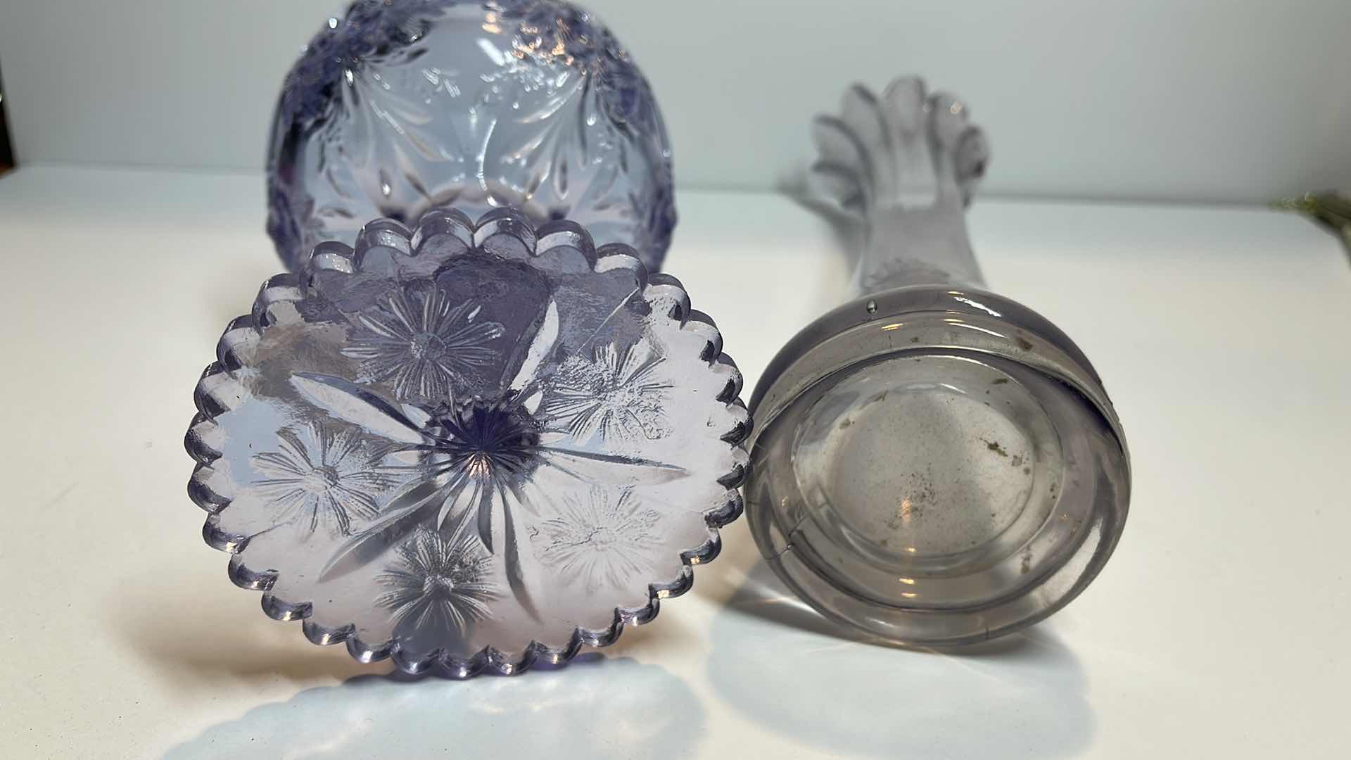 Photo 1 of US GLASS CO. SWUNG VASE ANTIQUE, BLUE DOT BUD VASE, FENTON PURITY DAISY GLASS