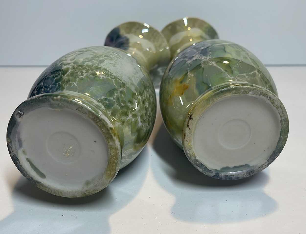 Photo 1 of BLUE RIBBED PLATTER RETRO CHALK WARE FLORAL CLOCK PAIR OF IRIDESCENT BLUE GREEN DRIP POTTERY VASES