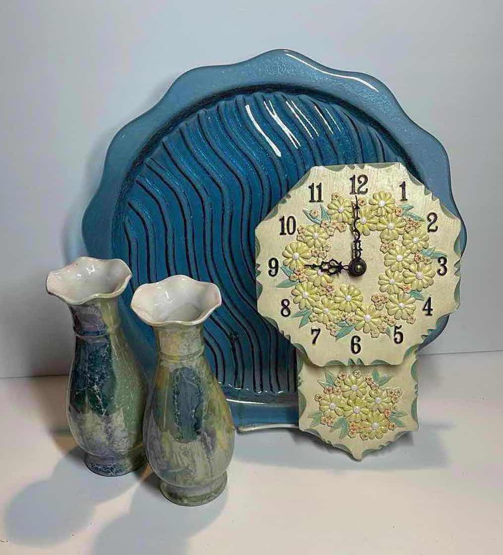 Photo 1 of BLUE RIBBED PLATTER RETRO CHALK WARE FLORAL CLOCK PAIR OF IRIDESCENT BLUE GREEN DRIP POTTERY VASES