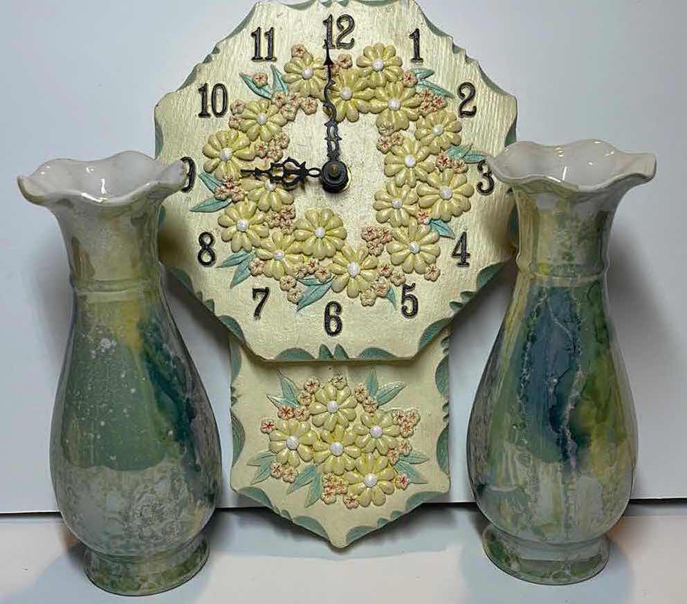 Photo 1 of BLUE RIBBED PLATTER RETRO CHALK WARE FLORAL CLOCK PAIR OF IRIDESCENT BLUE GREEN DRIP POTTERY VASES