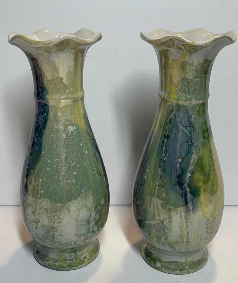 Photo 1 of BLUE RIBBED PLATTER RETRO CHALK WARE FLORAL CLOCK PAIR OF IRIDESCENT BLUE GREEN DRIP POTTERY VASES