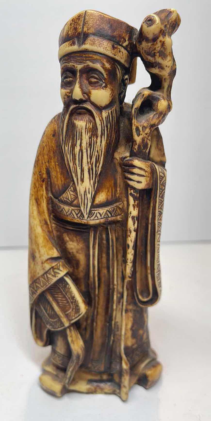 Photo 1 of VINTAGE HANDCRAFTED CARVED ASIAN MAN WITH STAFF ORIENTAL ART DECOR H- 7”