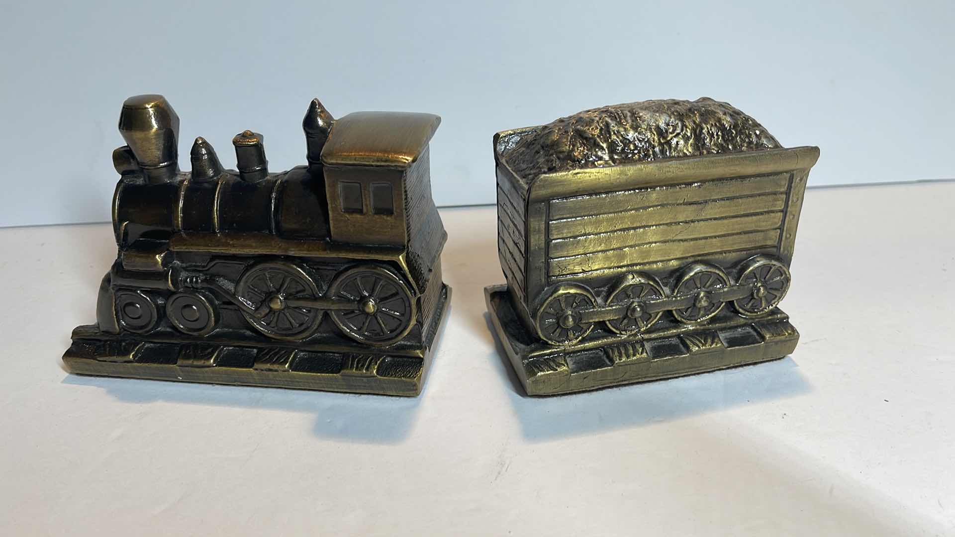 Photo 1 of LOCOMOTIVE AND BOXCAR BRASS BOOK ENDS
