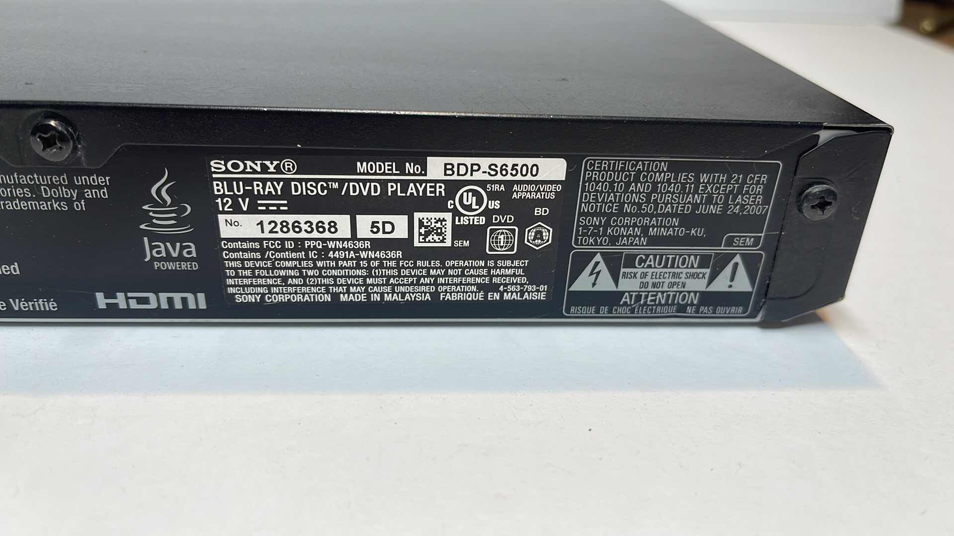 Photo 1 of SONY BLU-RAY / DVD PLAYER MODEL # BPD-S6500