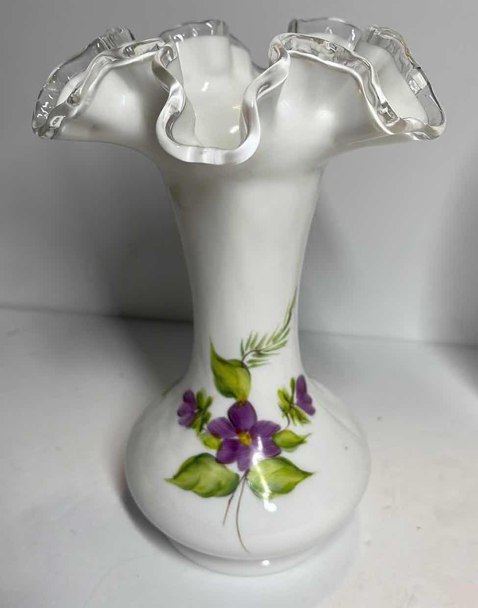 Photo 1 of VINTAGE FENTON RUFFLED EDGE VASE “ VIOLETS” & MORE