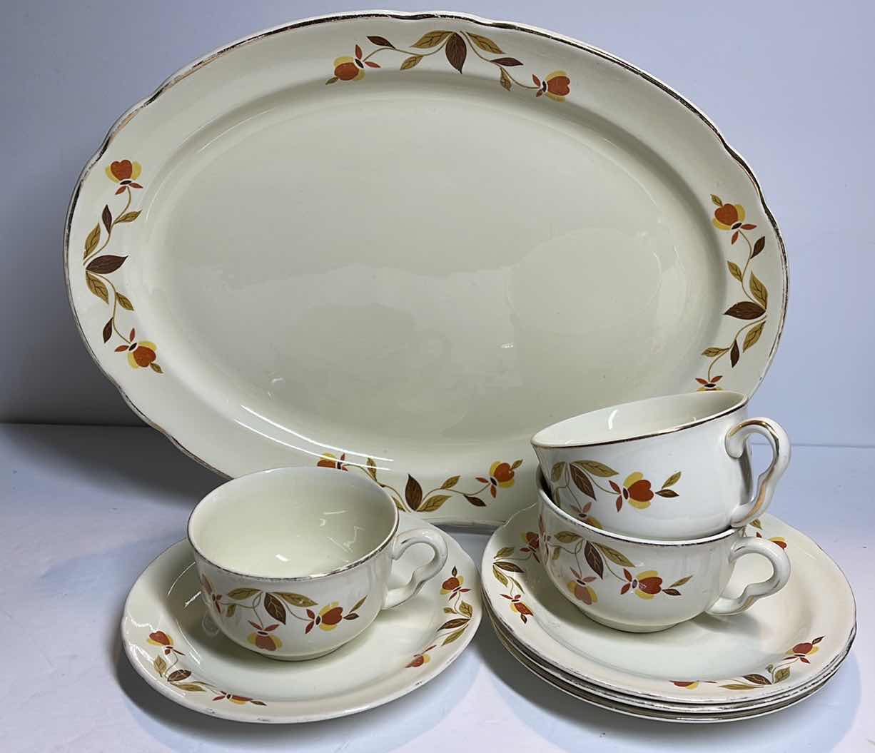 Photo 1 of SUPERIOR HALL QUALITY AUTUMN LEAF PATTERN -1 SERVING TRAY - 3 TEA CUPS - 4 SAUCERS -