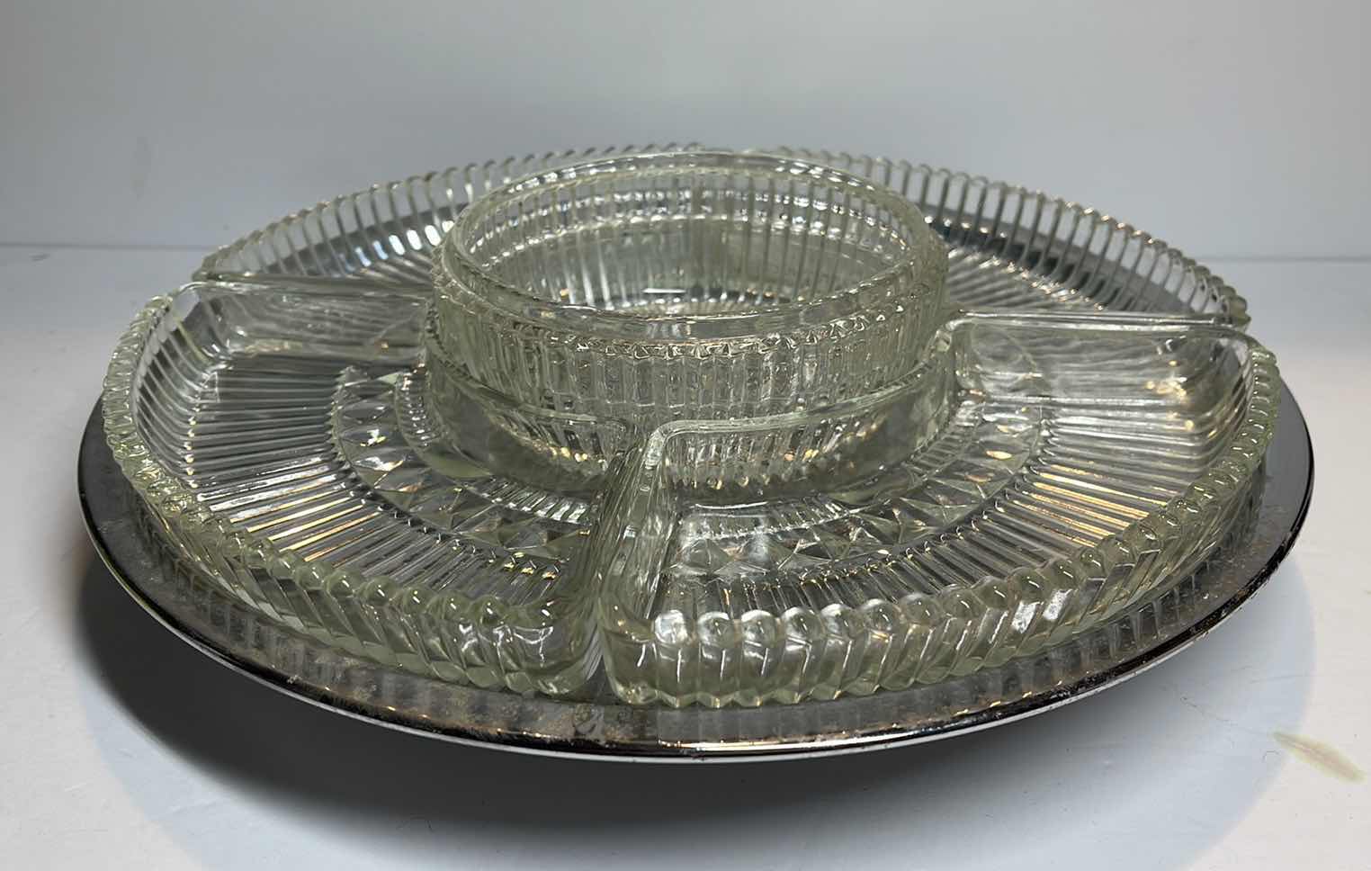 Photo 1 of MCM VINTAGE CHROME & GLASS LAZY SUSAN RELISH SET