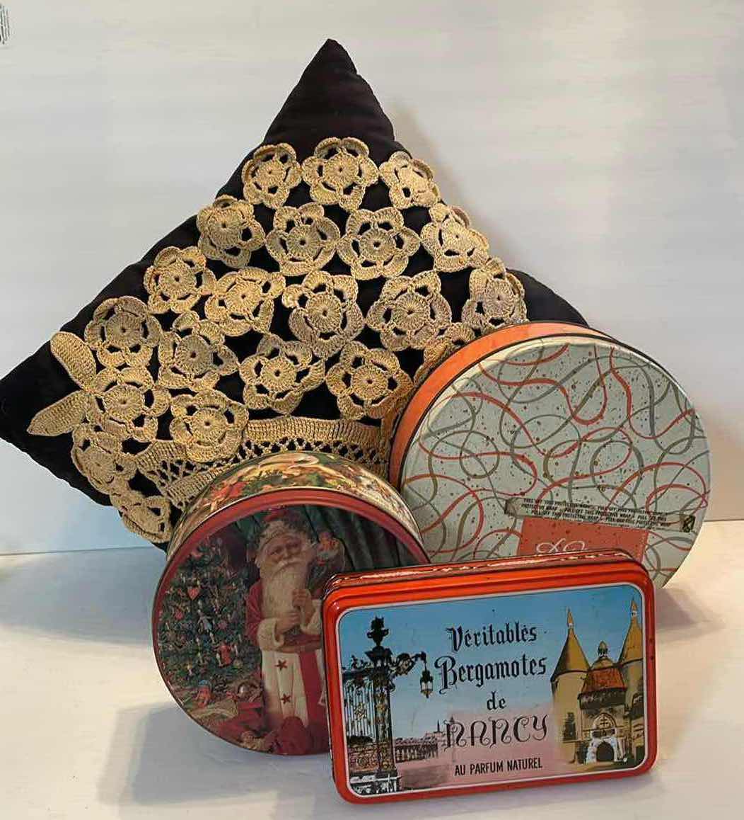 Photo 1 of 3-METAL TINS & DECORATIVE PILLOW