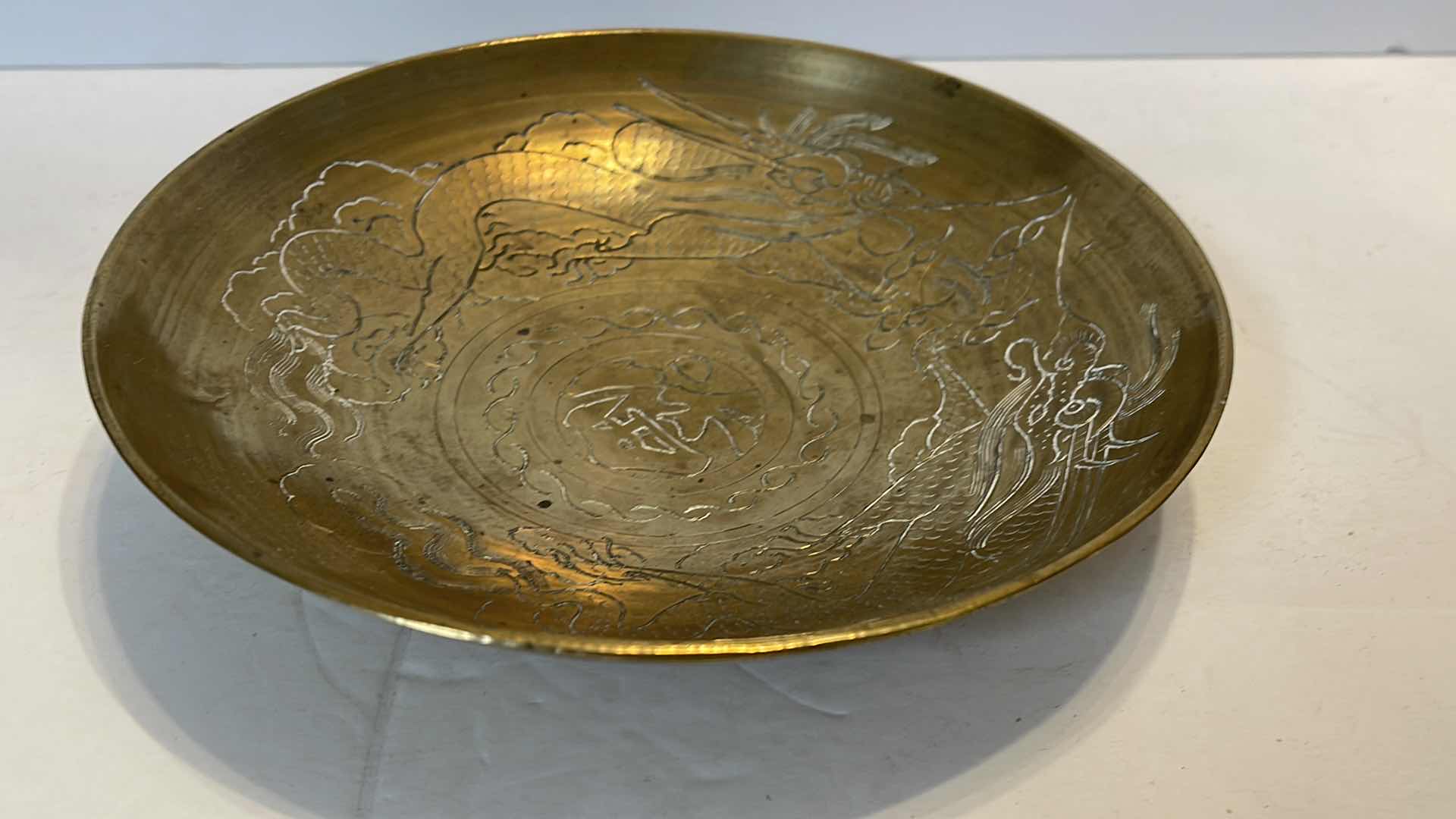 Photo 1 of VINTAGE ENGRAVED BRASS ASIAN DRAGON PLATE