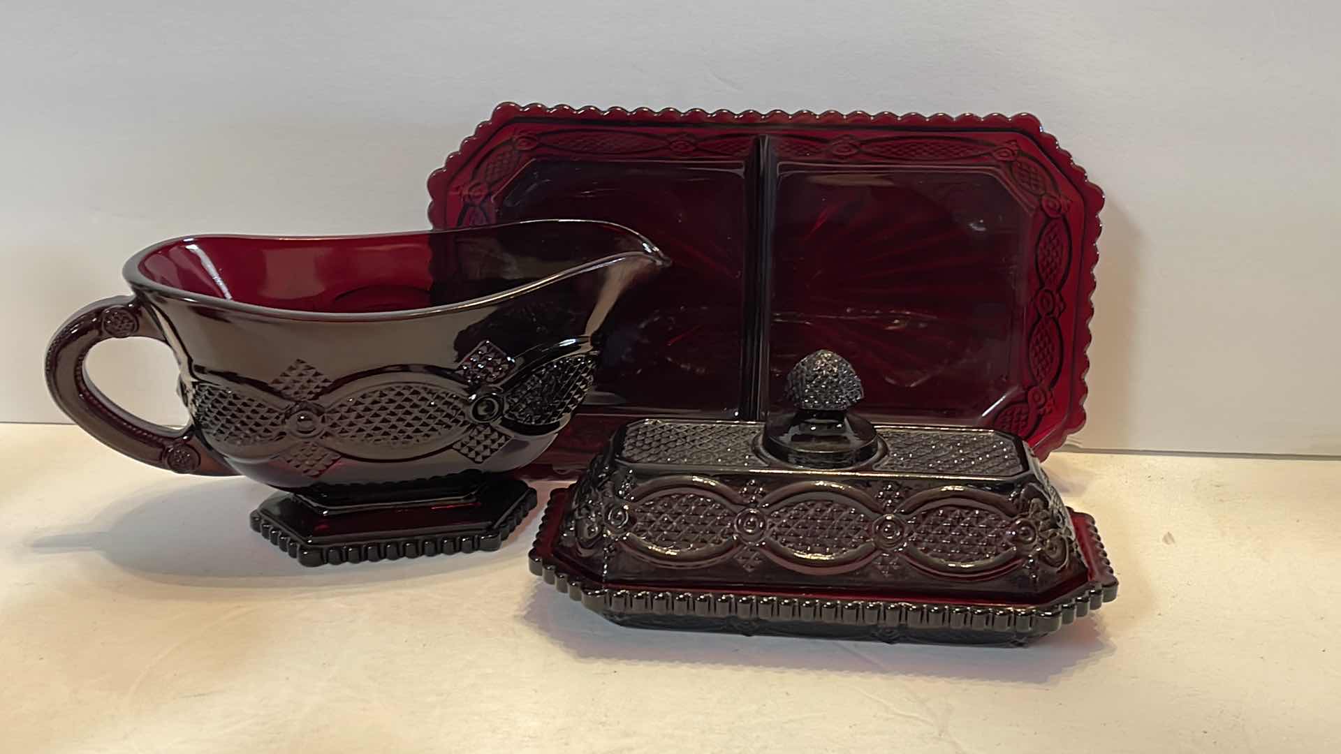 Photo 1 of 4- VINTAGE RUBY RED AVON GLASS SERVEWARE 