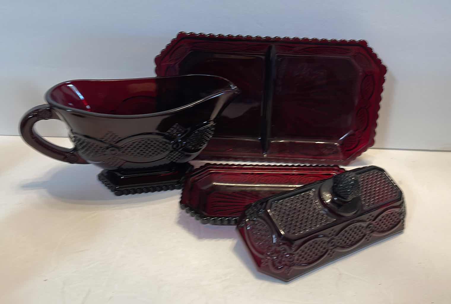 Photo 3 of 4- VINTAGE RUBY RED AVON GLASS SERVEWARE 