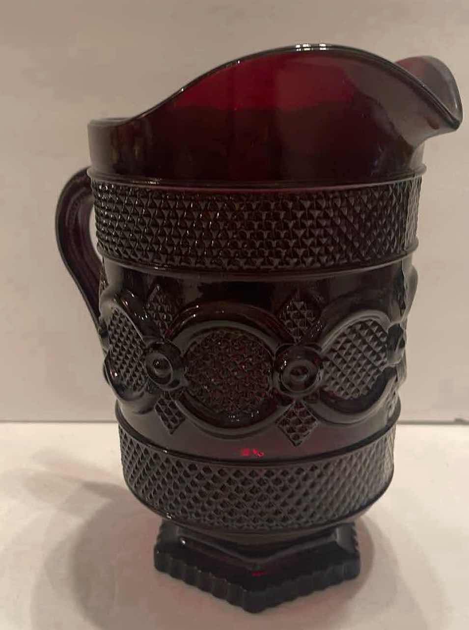 Photo 1 of VINTAGE AVON 1876 RUBY RED GLASS FOOTED WATER PITCHER 8 1/4 “ TALL